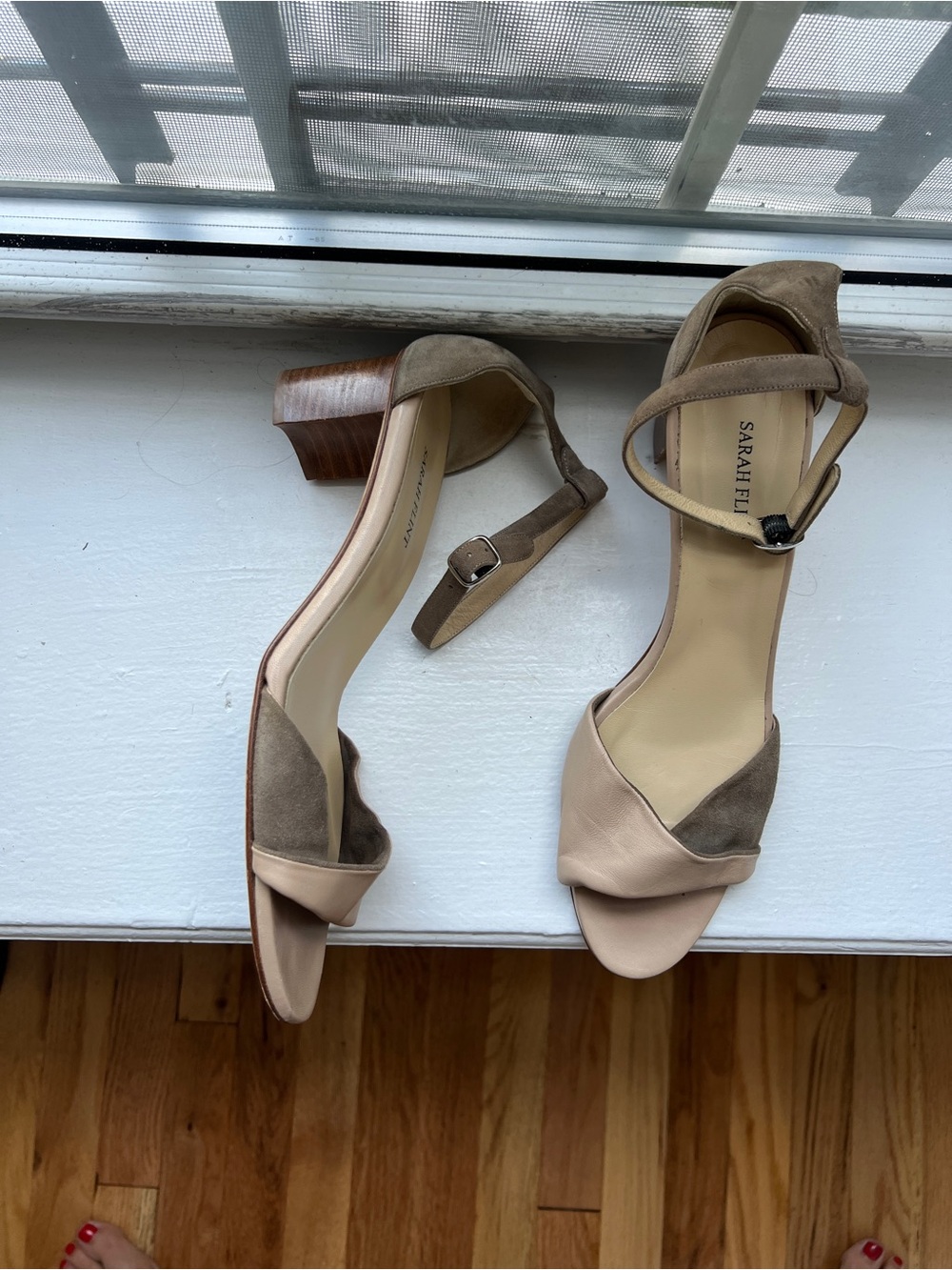 Sarah Flint Two-Tone Taupe & Beige Ankle-Strap Heels